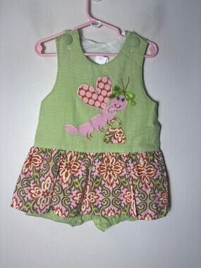 Girls Vintage Potato Saks Green Check Bubble Applique Butterfly Sz 18m